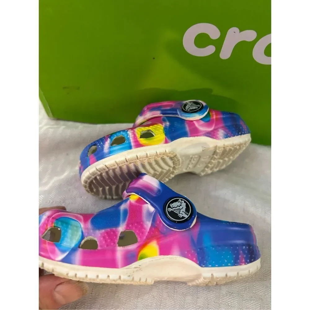 Crocs size 4 infant toddlers tie‎ dye pink blue colors excellent